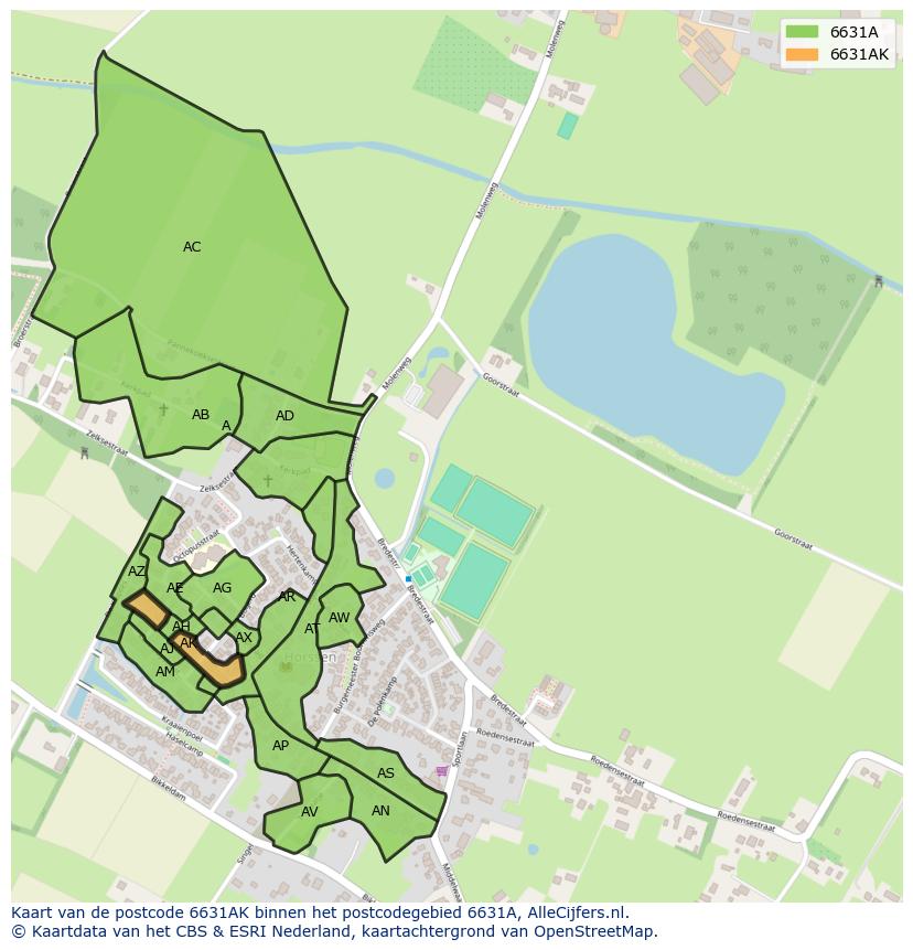 Afbeelding van het postcodegebied 6631 AK op de kaart.
