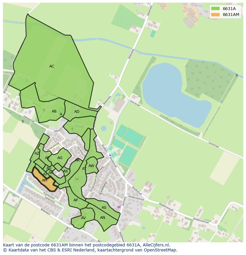 Afbeelding van het postcodegebied 6631 AM op de kaart.
