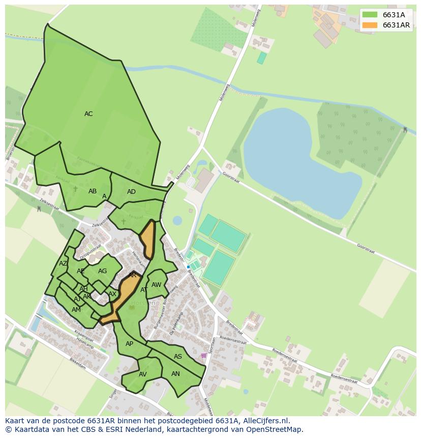 Afbeelding van het postcodegebied 6631 AR op de kaart.