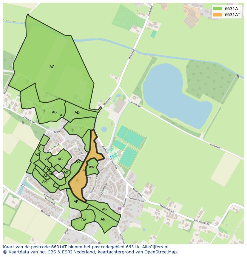 Afbeelding van het postcodegebied 6631 AT op de kaart.