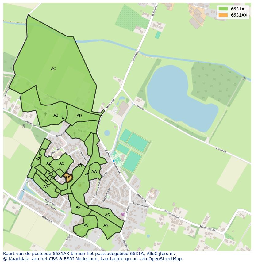 Afbeelding van het postcodegebied 6631 AX op de kaart.