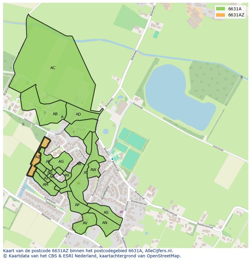 Afbeelding van het postcodegebied 6631 AZ op de kaart.