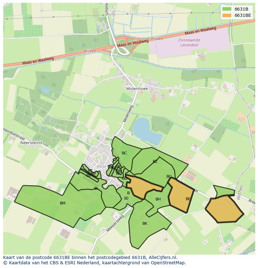 Afbeelding van het postcodegebied 6631 BE op de kaart.