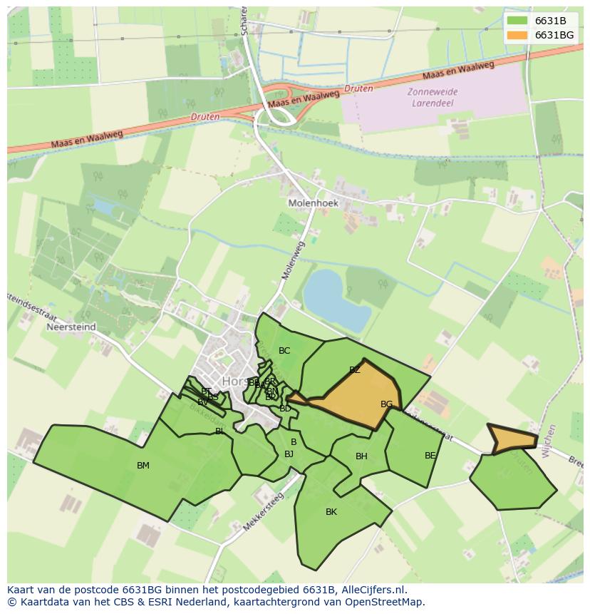 Afbeelding van het postcodegebied 6631 BG op de kaart.