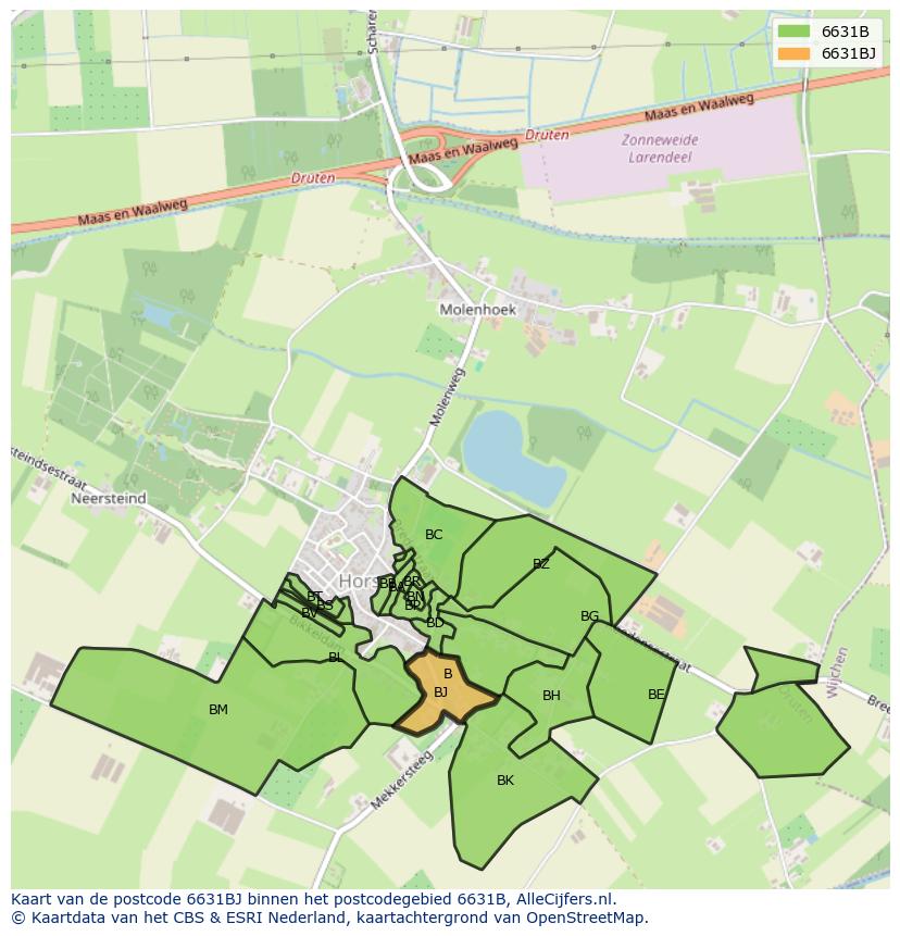 Afbeelding van het postcodegebied 6631 BJ op de kaart.