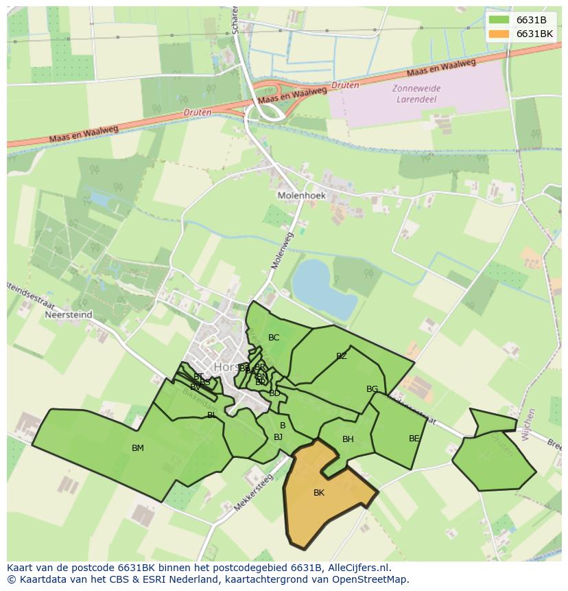 Afbeelding van het postcodegebied 6631 BK op de kaart.