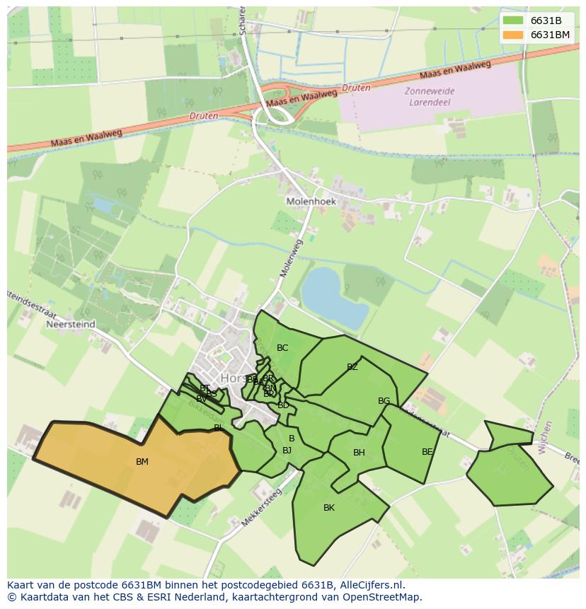 Afbeelding van het postcodegebied 6631 BM op de kaart.