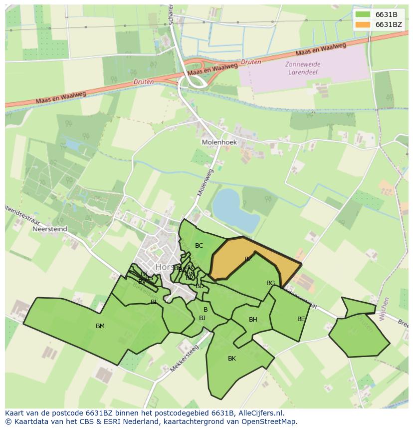 Afbeelding van het postcodegebied 6631 BZ op de kaart.