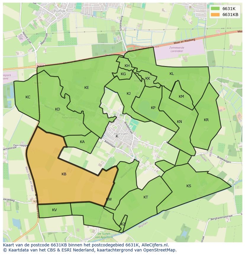 Afbeelding van het postcodegebied 6631 KB op de kaart.