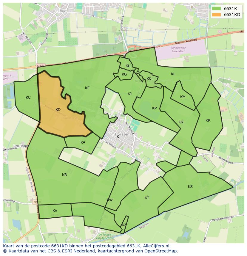 Afbeelding van het postcodegebied 6631 KD op de kaart.