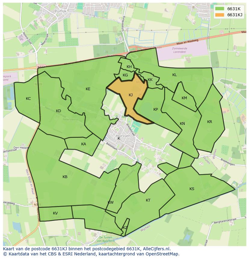 Afbeelding van het postcodegebied 6631 KJ op de kaart.