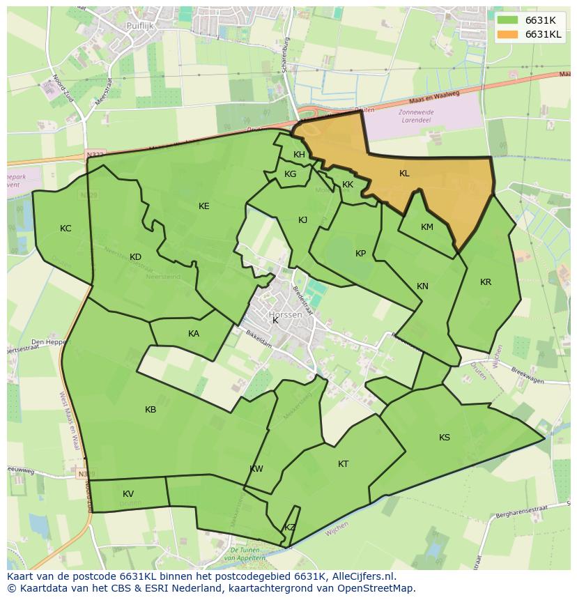Afbeelding van het postcodegebied 6631 KL op de kaart.