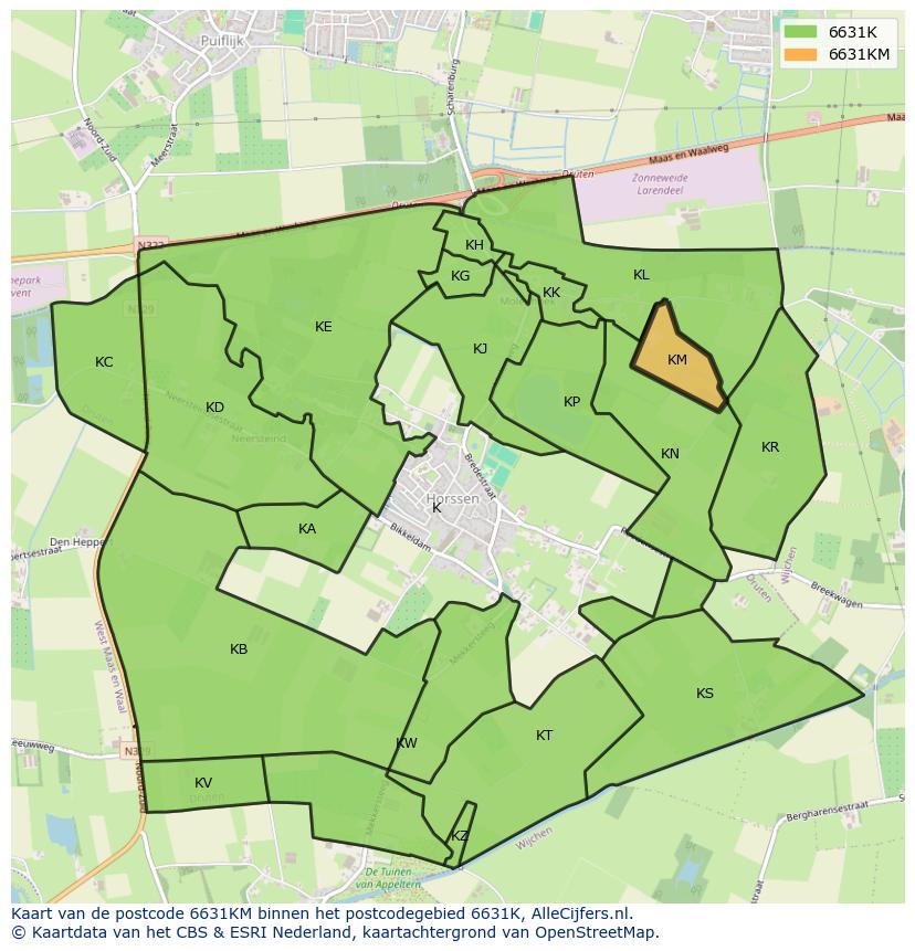 Afbeelding van het postcodegebied 6631 KM op de kaart.