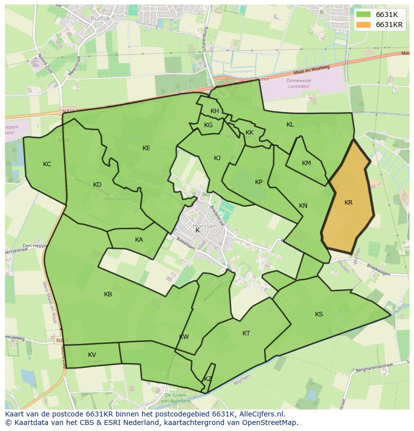 Afbeelding van het postcodegebied 6631 KR op de kaart.
