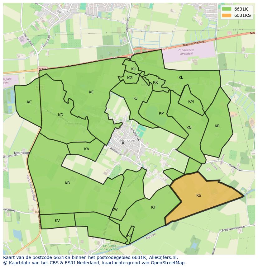 Afbeelding van het postcodegebied 6631 KS op de kaart.