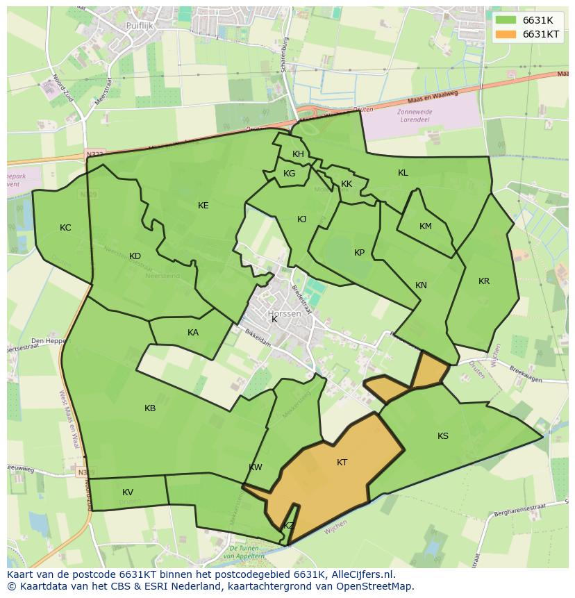 Afbeelding van het postcodegebied 6631 KT op de kaart.