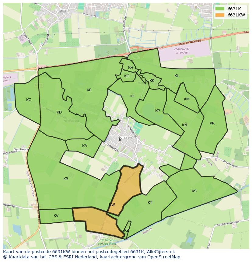 Afbeelding van het postcodegebied 6631 KW op de kaart.