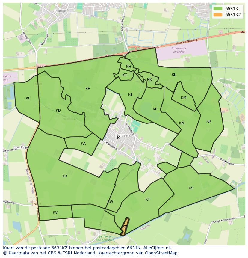 Afbeelding van het postcodegebied 6631 KZ op de kaart.