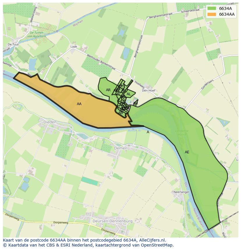 Afbeelding van het postcodegebied 6634 AA op de kaart.