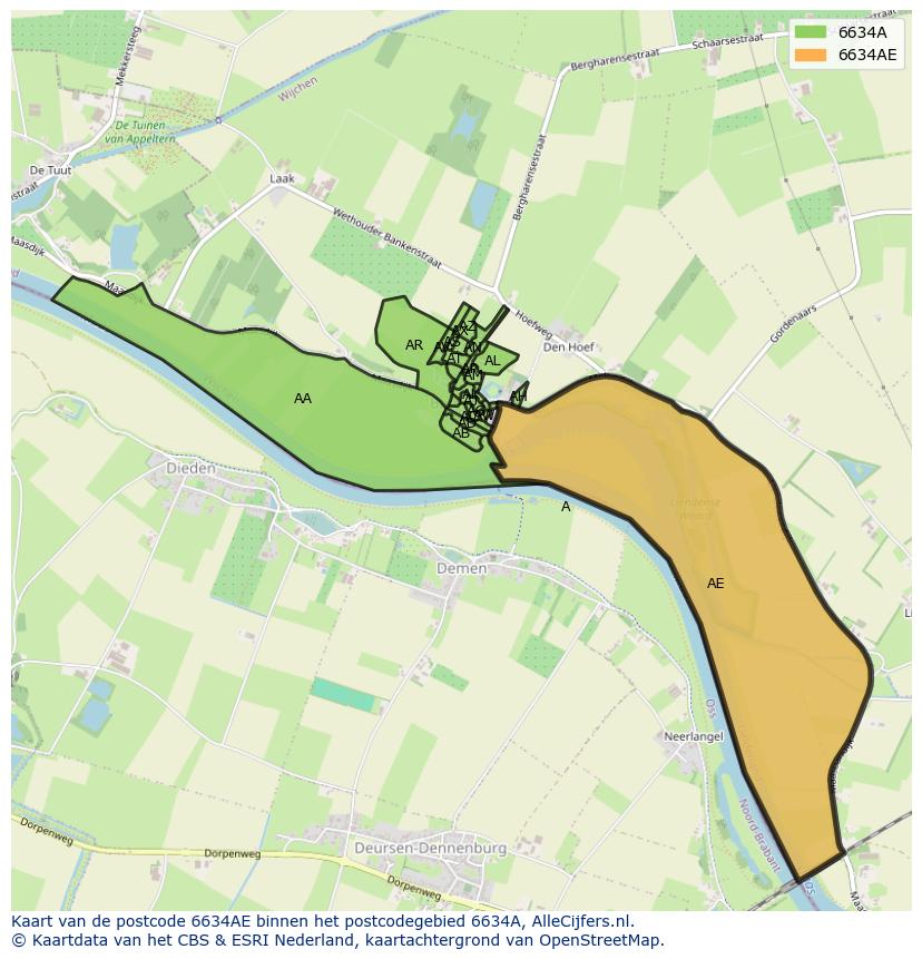 Afbeelding van het postcodegebied 6634 AE op de kaart.