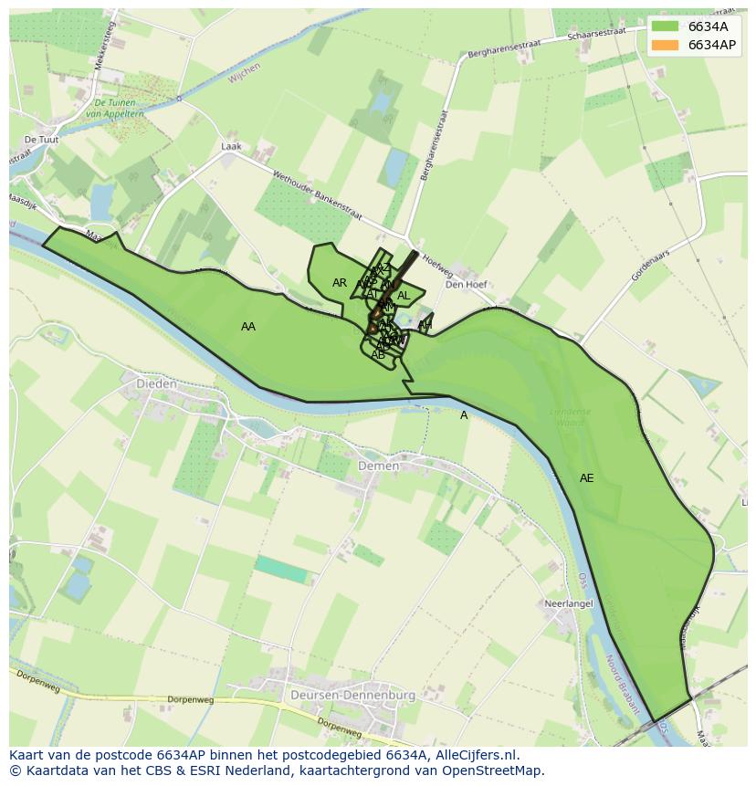 Afbeelding van het postcodegebied 6634 AP op de kaart.