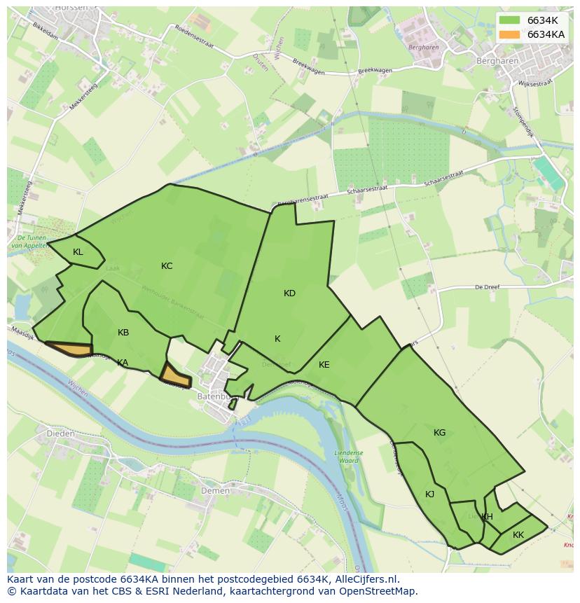 Afbeelding van het postcodegebied 6634 KA op de kaart.