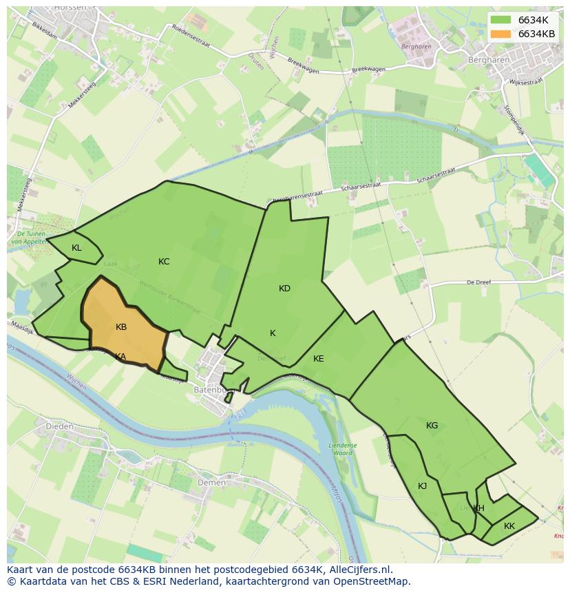 Afbeelding van het postcodegebied 6634 KB op de kaart.