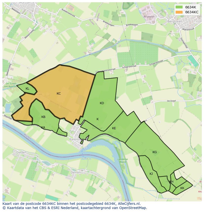Afbeelding van het postcodegebied 6634 KC op de kaart.