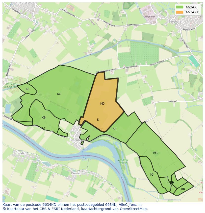 Afbeelding van het postcodegebied 6634 KD op de kaart.
