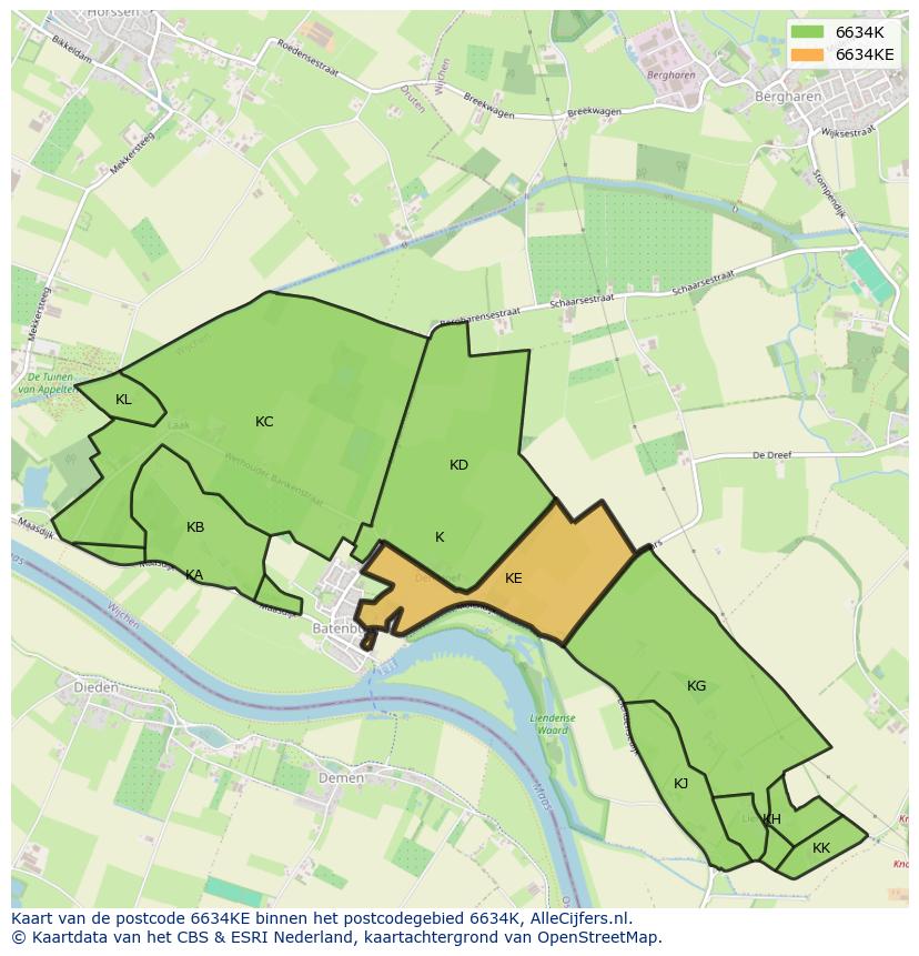 Afbeelding van het postcodegebied 6634 KE op de kaart.