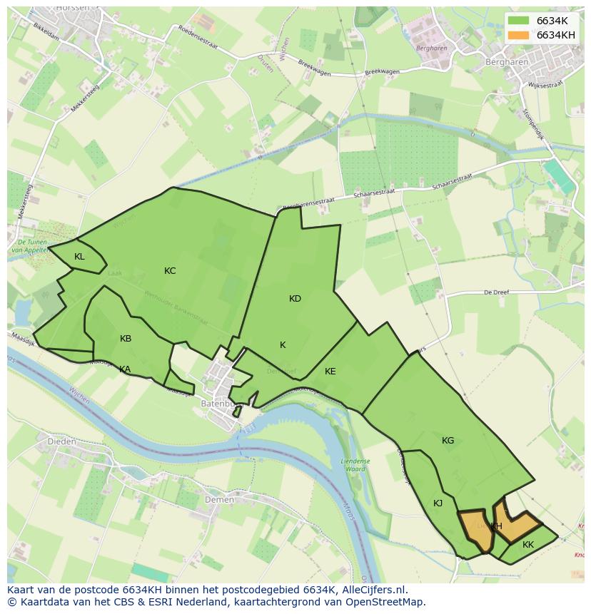 Afbeelding van het postcodegebied 6634 KH op de kaart.