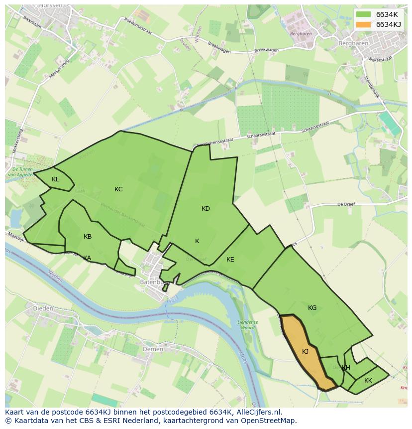 Afbeelding van het postcodegebied 6634 KJ op de kaart.
