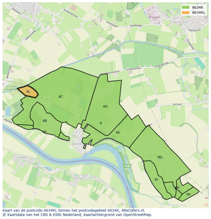Afbeelding van het postcodegebied 6634 KL op de kaart.