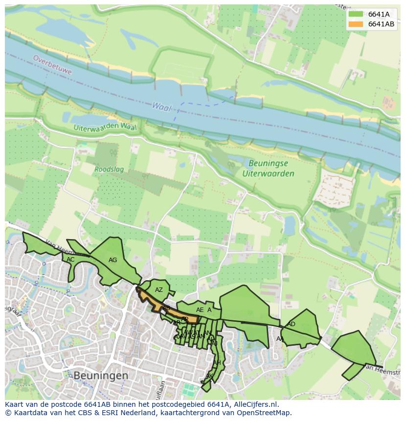 Afbeelding van het postcodegebied 6641 AB op de kaart.