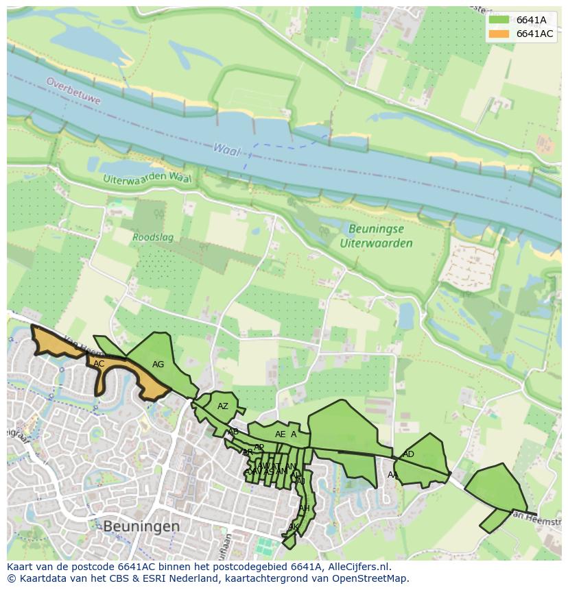 Afbeelding van het postcodegebied 6641 AC op de kaart.