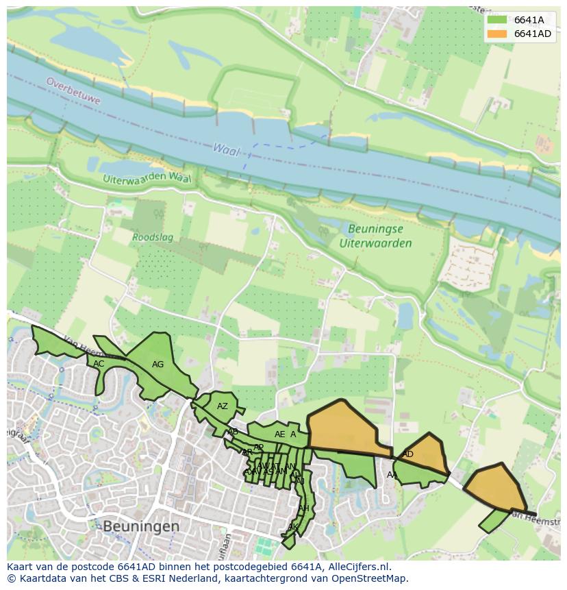Afbeelding van het postcodegebied 6641 AD op de kaart.