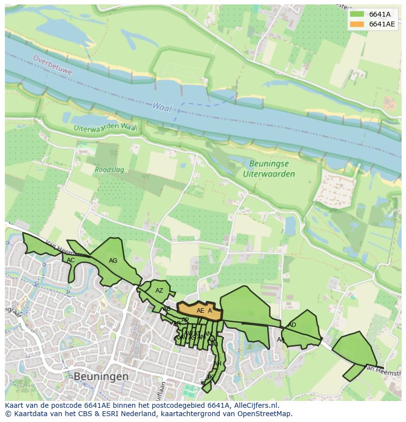 Afbeelding van het postcodegebied 6641 AE op de kaart.