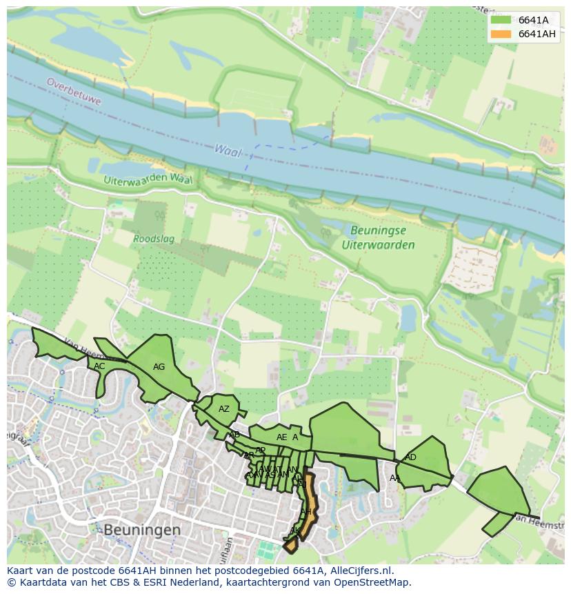 Afbeelding van het postcodegebied 6641 AH op de kaart.