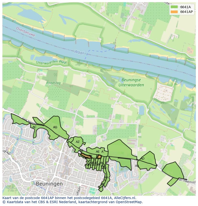 Afbeelding van het postcodegebied 6641 AP op de kaart.