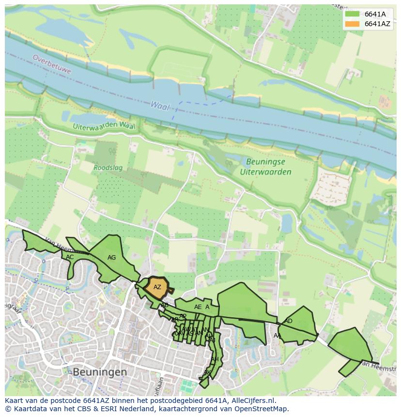 Afbeelding van het postcodegebied 6641 AZ op de kaart.