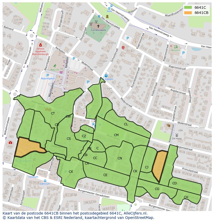 Afbeelding van het postcodegebied 6641 CB op de kaart.