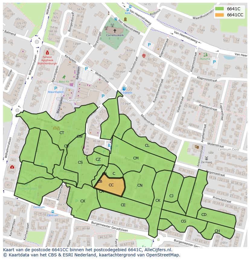 Afbeelding van het postcodegebied 6641 CC op de kaart.