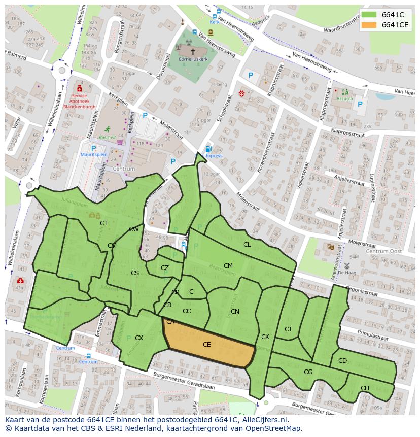 Afbeelding van het postcodegebied 6641 CE op de kaart.