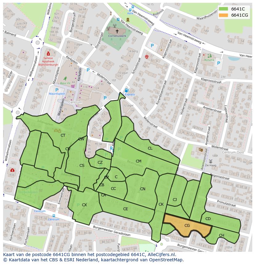 Afbeelding van het postcodegebied 6641 CG op de kaart.