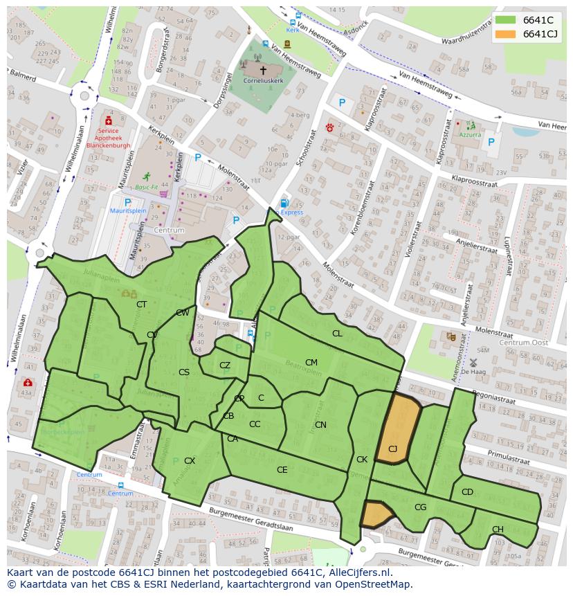 Afbeelding van het postcodegebied 6641 CJ op de kaart.