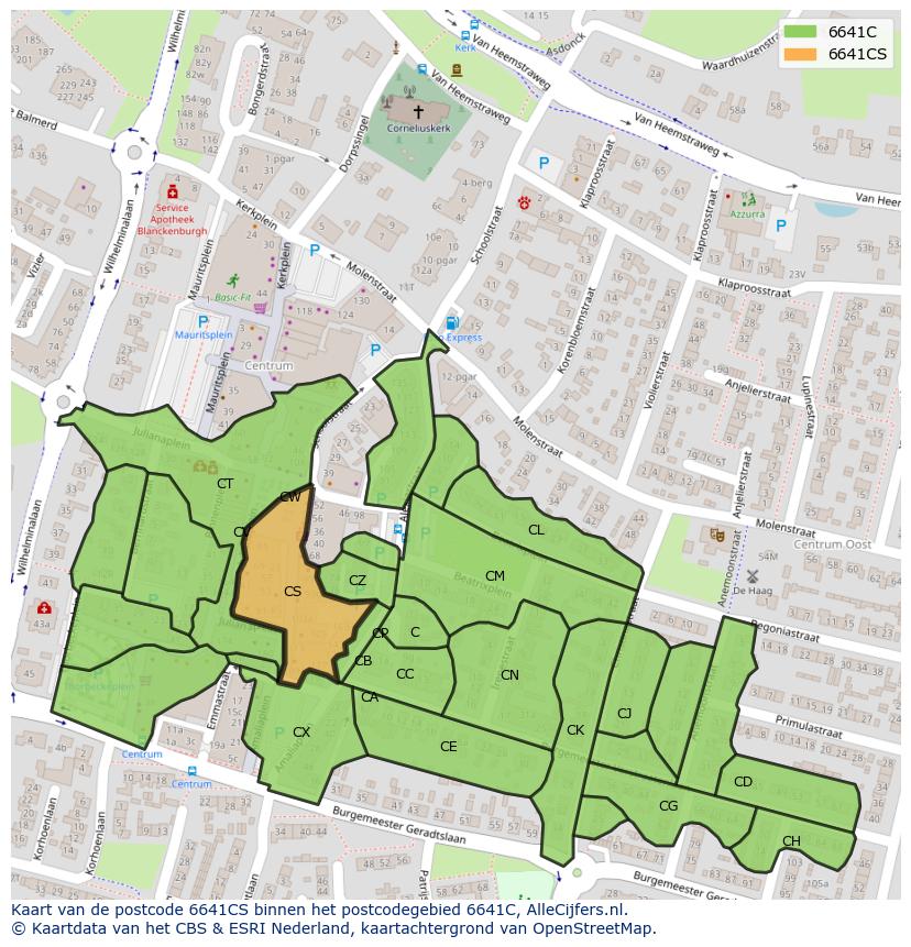 Afbeelding van het postcodegebied 6641 CS op de kaart.