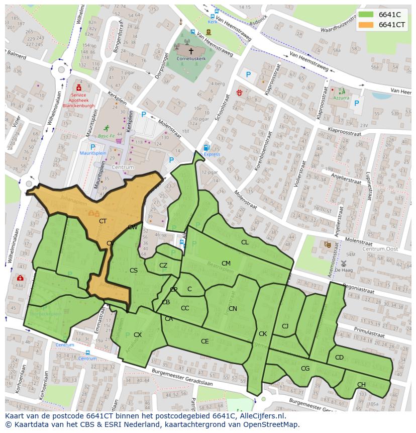 Afbeelding van het postcodegebied 6641 CT op de kaart.