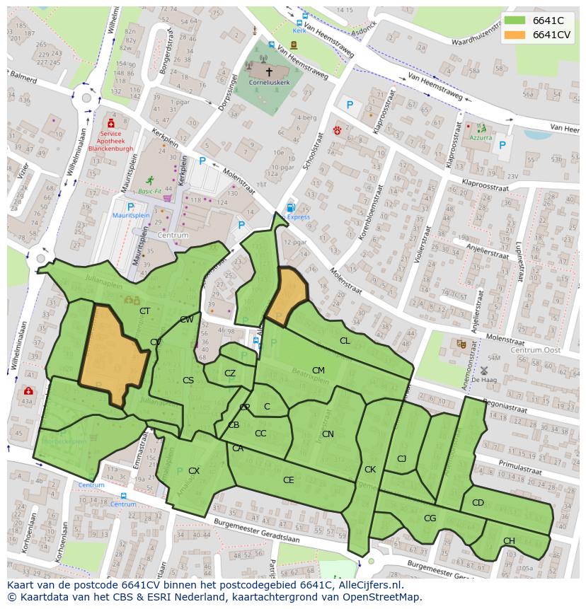 Afbeelding van het postcodegebied 6641 CV op de kaart.