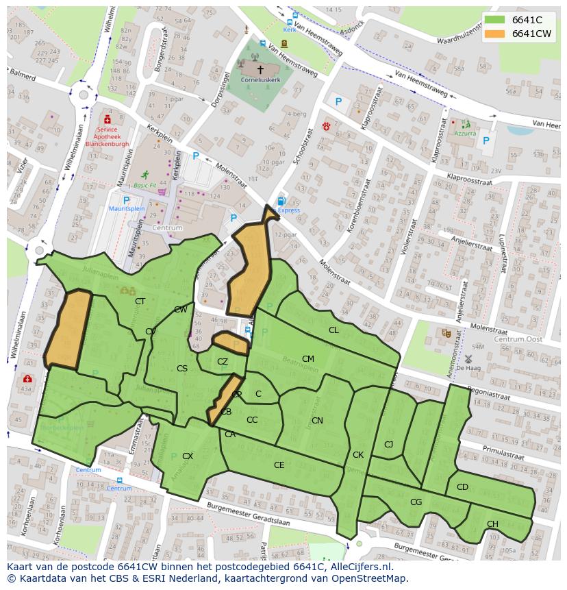 Afbeelding van het postcodegebied 6641 CW op de kaart.