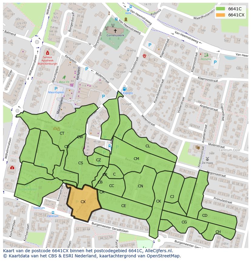Afbeelding van het postcodegebied 6641 CX op de kaart.